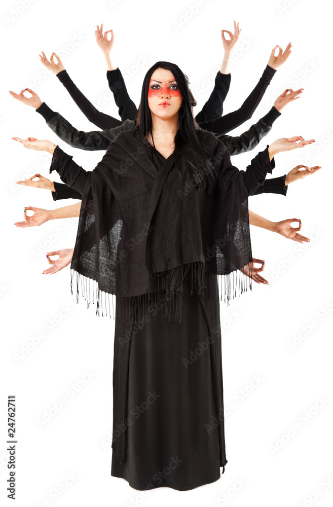 Woman meditating with multitude of hands Woman meditating with multitude of hands