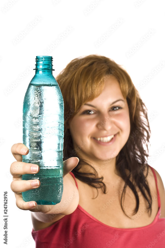 beautiful woman with bottle of water over white beautiful woman with bottle of water over white