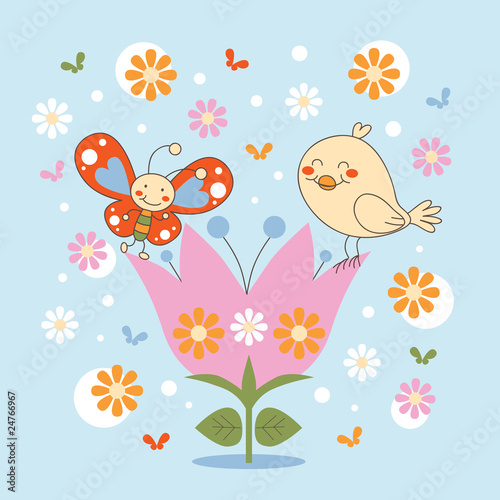 Butterfly and Bird friends dancing in a flower © Kakigori Studio