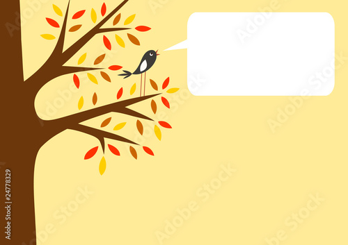 Autumn tree and little bird with word bubble for your text