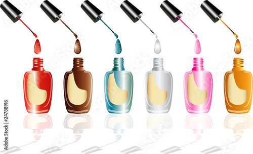 Nail polish in different colors in glass bottles