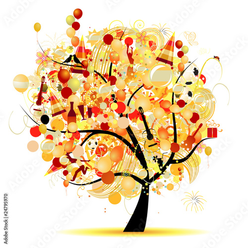 Happy celebration, funny tree with holiday symbols