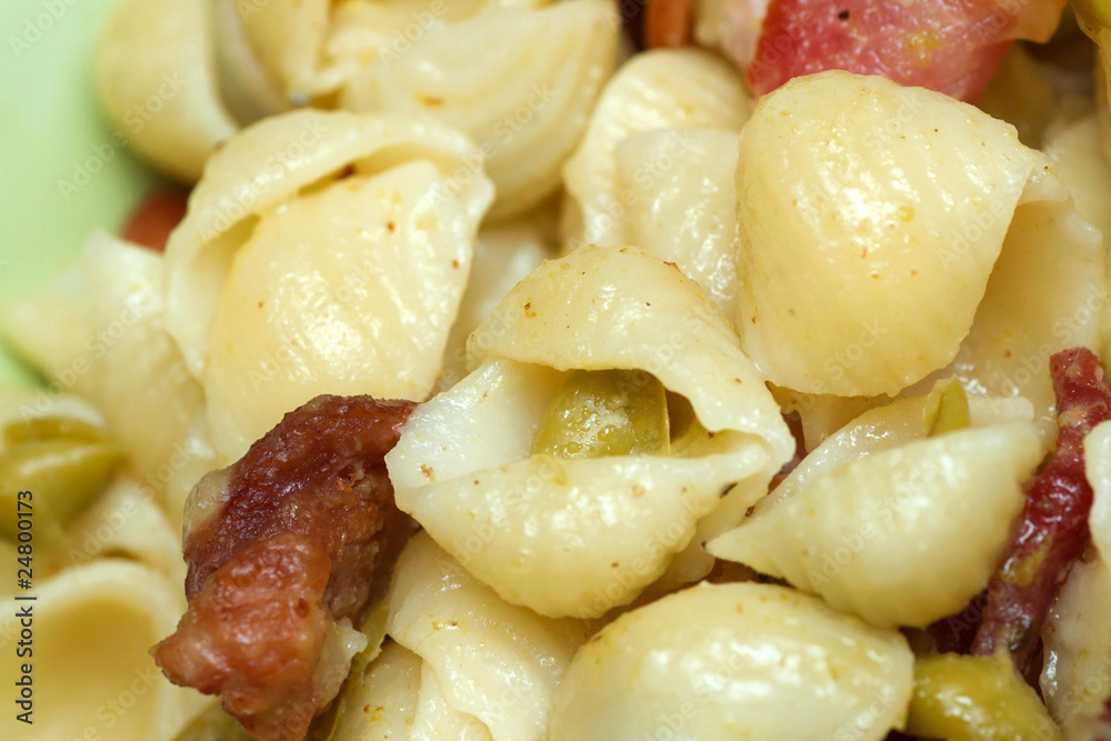 closeup of bacon pea pasta
