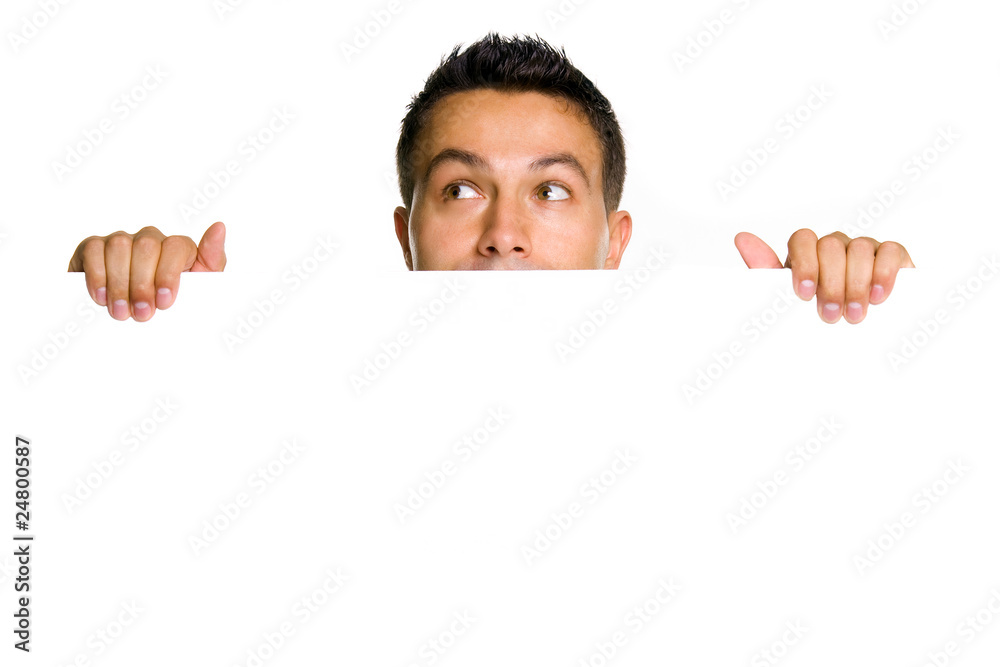 Potrait of a happy young guy holding blank billboard Potrait of a happy young guy holding blank billboard