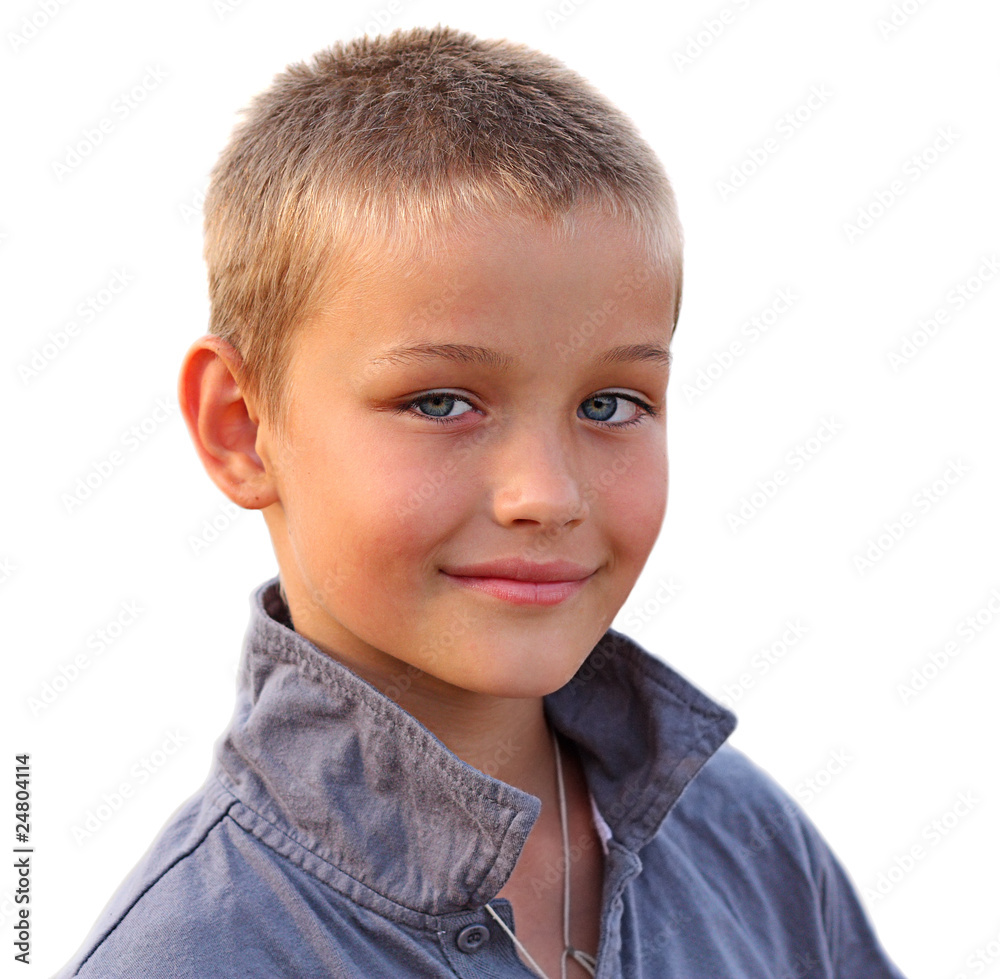 Photo of happy young boy looking at camera on white background Photo of happy young boy looking at camera on white background
