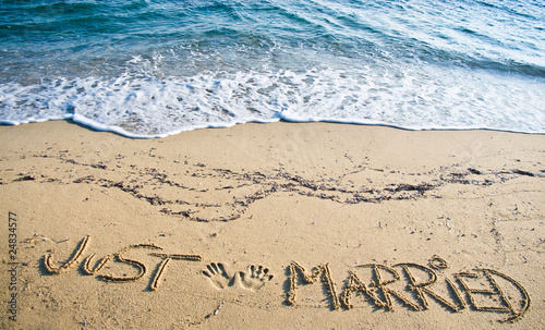 Just Married written in the Sand