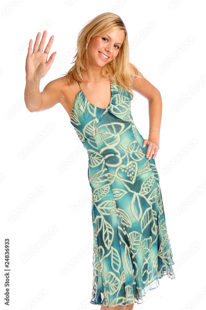 Atractive blonde woman in blue patterned dress Atractive blonde woman in blue patterned dress