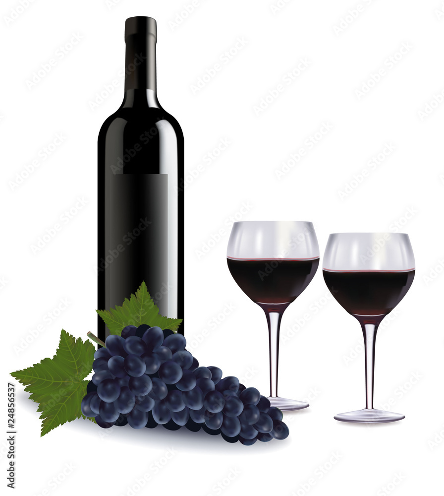 A wine bottle, two glasses of red wine and grapes. Vector.