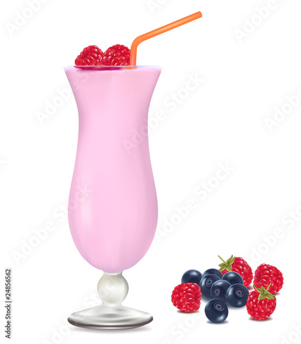 Raspberry milkshake with some berries. Vector.