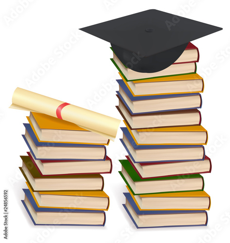 Graduation cap and diploma on stacks of books. Vector.