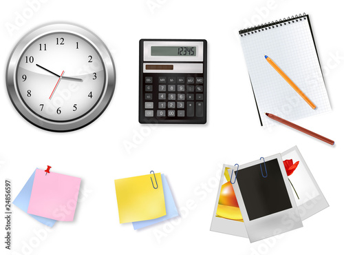Office supplies, clock and calculator. Vector.