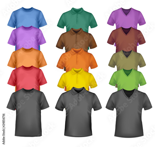 Black and colored t-shirts. Photo-realistic vector.