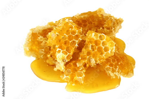 Honey in honeycombs isolated on white