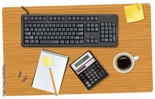 Keyboard, calculator and some office supplies. Vector.