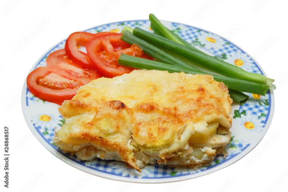 baked potato pudding with tomato and spring onion