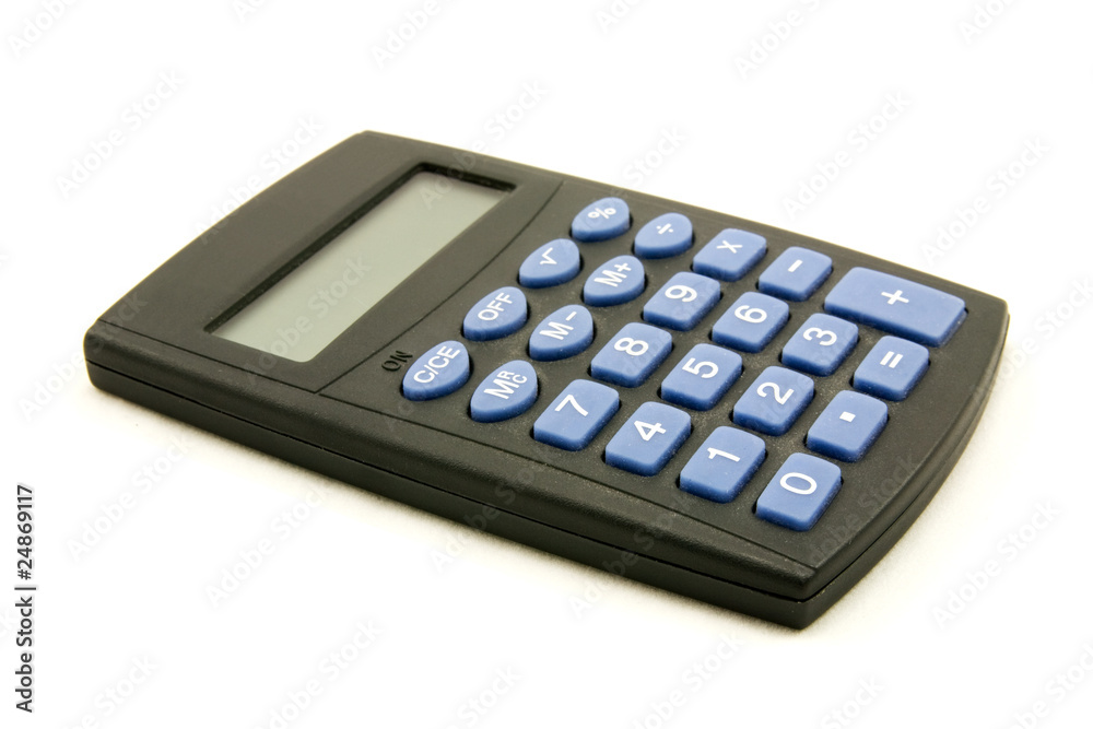 black calculator with blue buttons, on white background black calculator with blue buttons, on white background