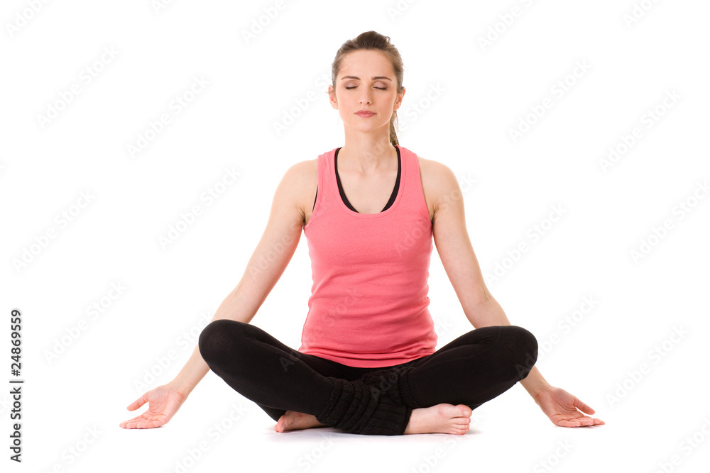 young attractive female in yoga meditation pose, isolated young attractive female in yoga meditation pose, isolated