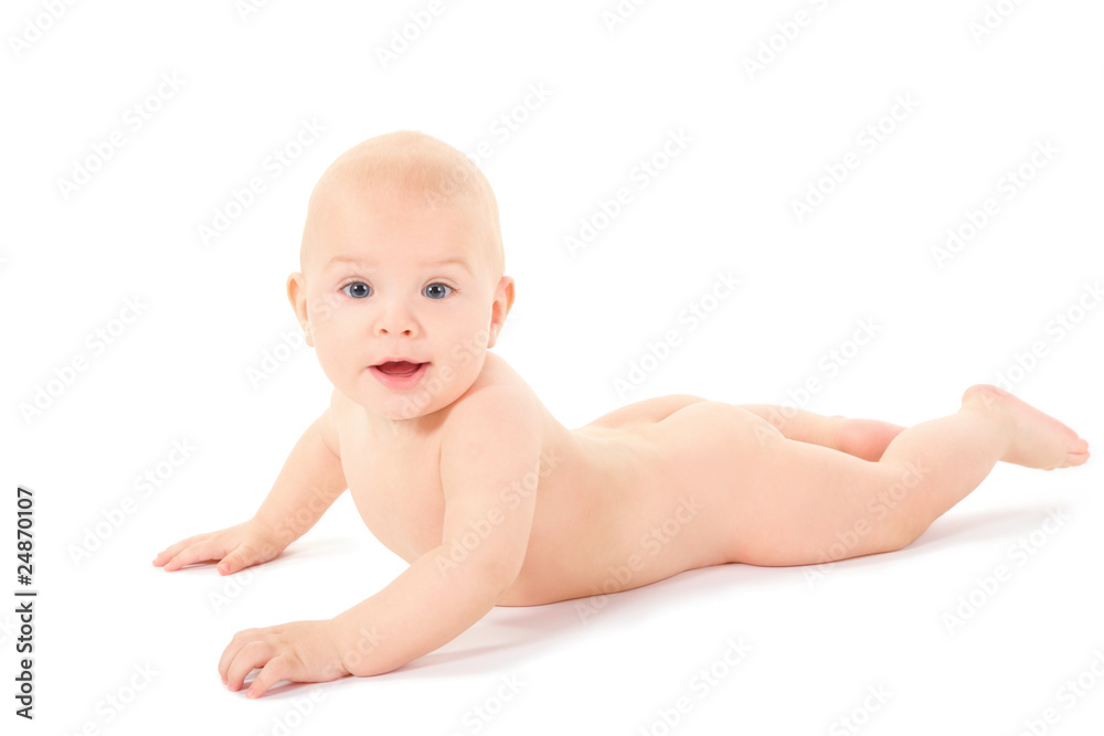 baby is creeping on all fours and looking at camera. isolated. baby is creeping on all fours and looking at camera. isolated.