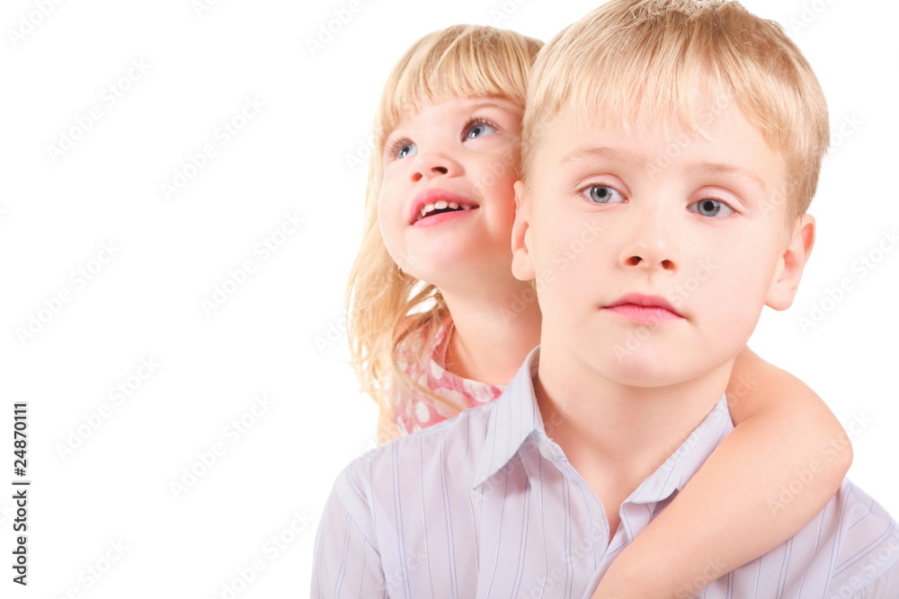 girl and sadness boy. sister is embracing brother. isolated. girl and sadness boy. sister is embracing brother. isolated.