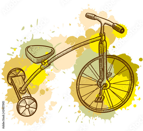 Retro-styled kid tricycle, grunge vector illustration