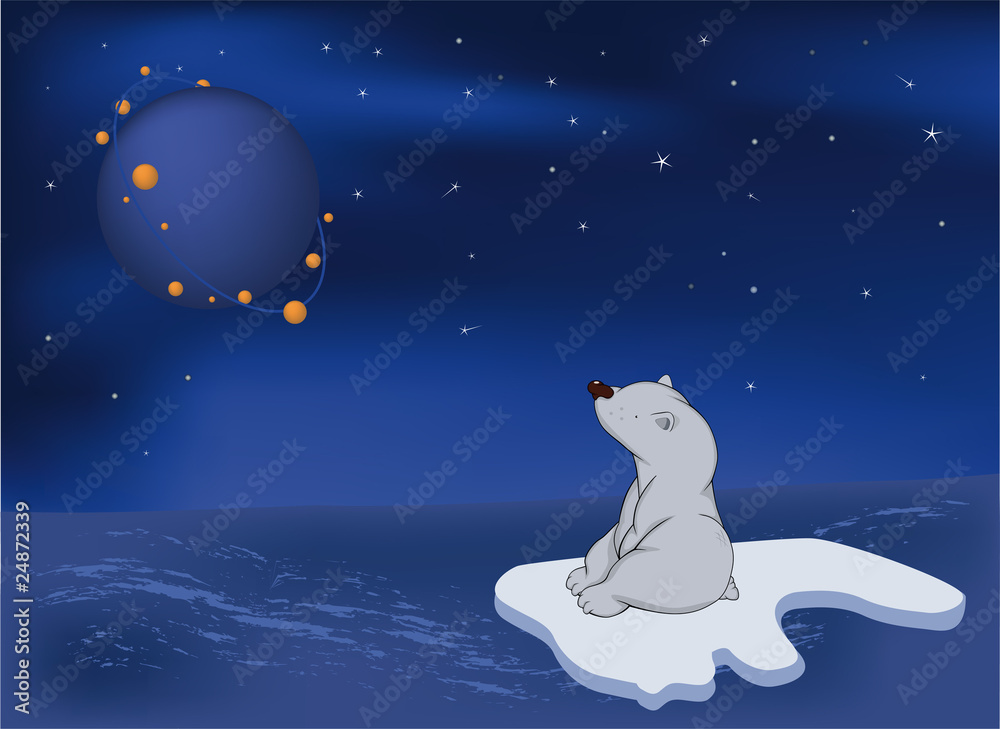 Travel of a white bear cub on an ice floe Travel of a white bear cub on an ice floe