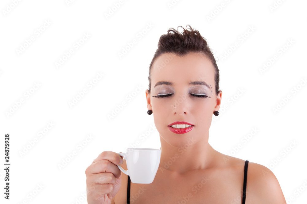 beautiful young woman, taking and enjoying a coffee beautiful young woman, taking and enjoying a coffee