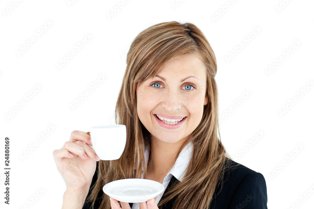 Merry young businesswoman holding a cup of coffee Merry young businesswoman holding a cup of coffee