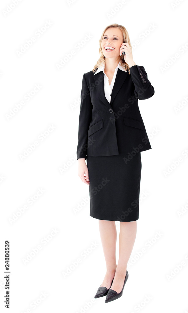Laughing young businesswoman talking on phone Laughing young businesswoman talking on phone