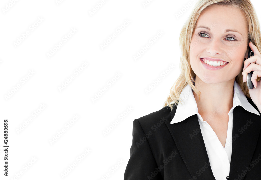 Smiling caucasian businesswoman talking on phone Smiling caucasian businesswoman talking on phone