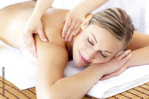 Relaxed smiling woman receiving a back massage #24881759