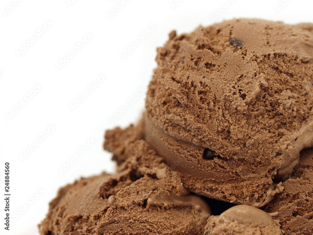 Chocolate ice cream scoops on white background