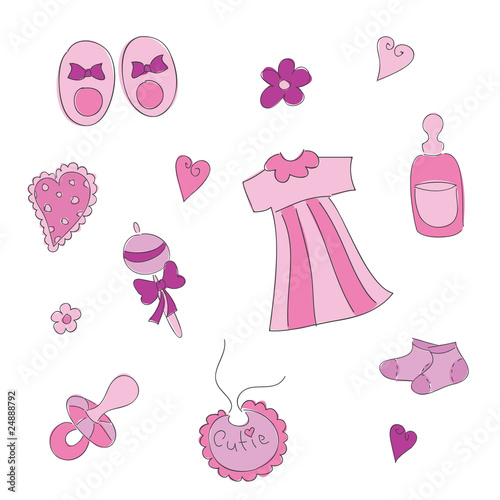 Baby elements for girl. Hand drawn vector illustration