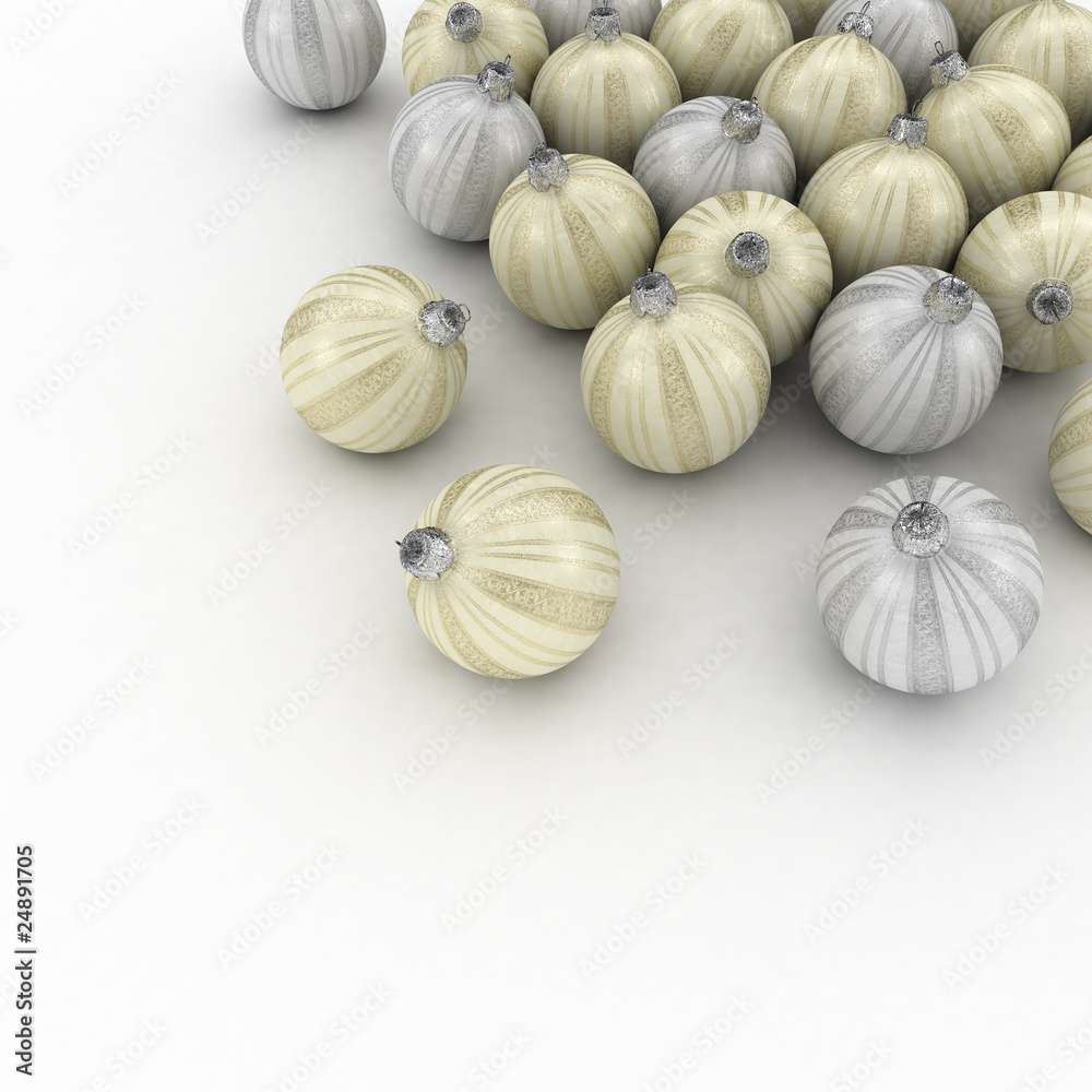 Obraz premium Golden and silver christmas ornaments over white