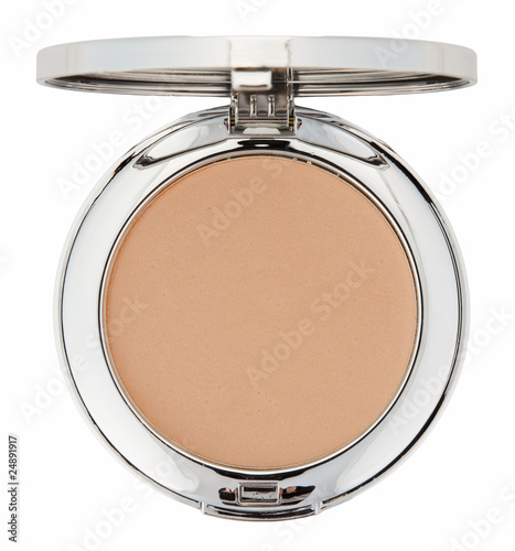 Make-up brown powder in metal box isolated on white