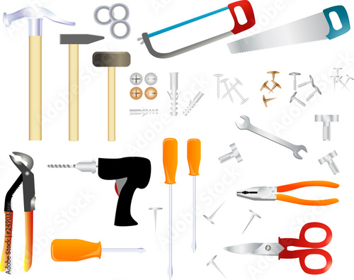 construction tools repair, drill, hammer, screwdriver, saw, scissors, tool box, do-it-yourself