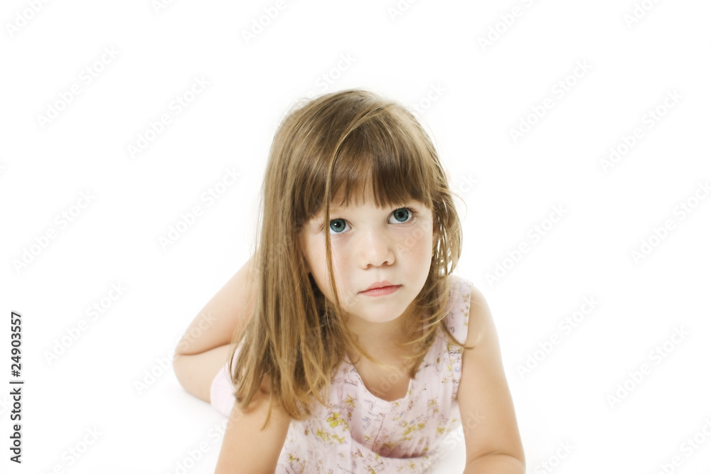Beautiful little girl looking up, over white background Beautiful little girl looking up, over white background