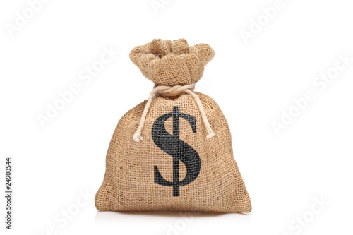 A view of a money bag with US dollar sign against white photo