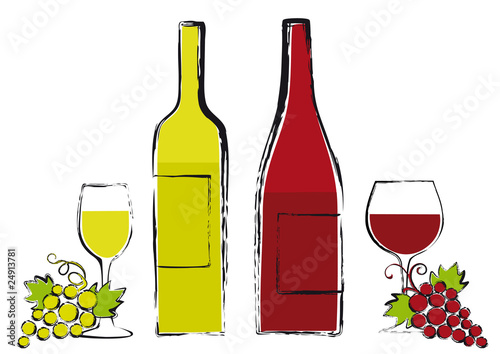 wine bottles with glasses and grapes, vector