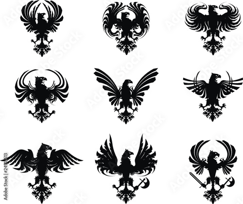 heraldic black eagle emblem crest tattoo set in vector format