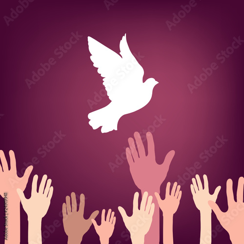 A lot of hands releasing white dove of peace.