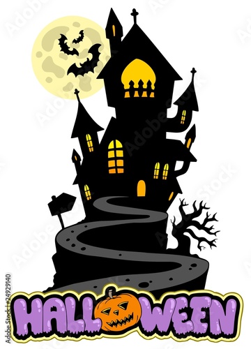 Halloween sign with house on hill