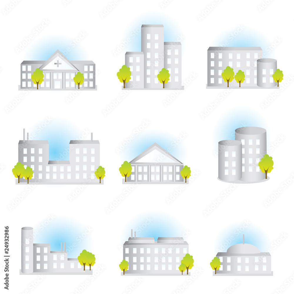 Colleclion of different illustrated buildings