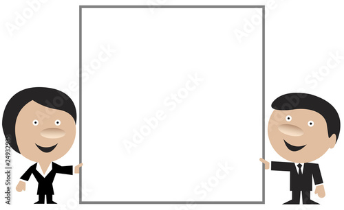 Female and male business persons holding a blank sign