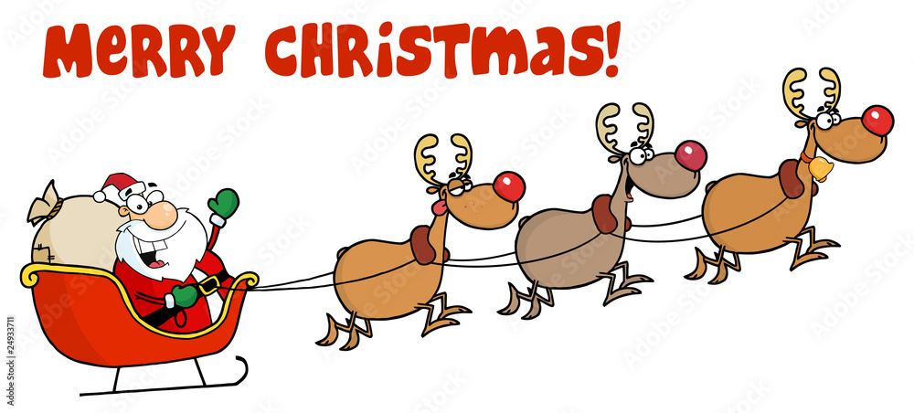 Merry Christmas Greeting With Santa Sleigh And Reindeer