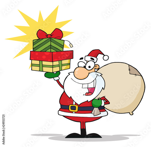 Christmas Santa Holding Up A Stack Of Gifts