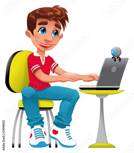 Boy and computer. Funny cartoon and vector character