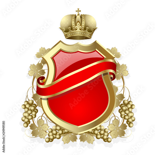 Gold-framed label with vine and red ribbon