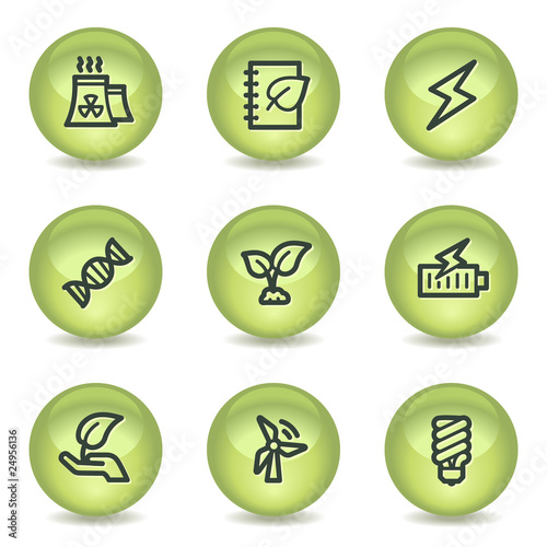 Ecology web icons set 5, green glossy circle buttons