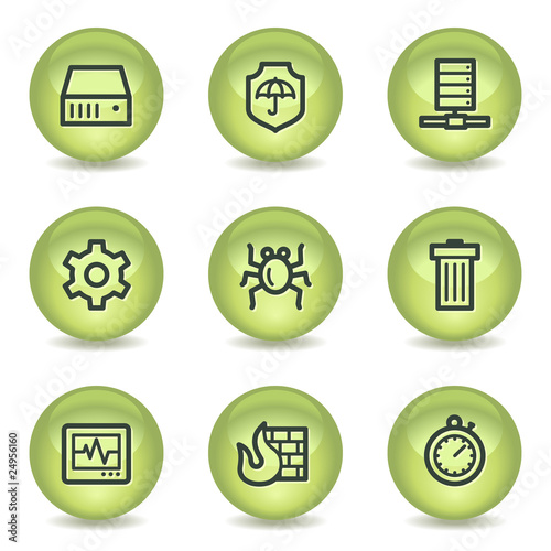 Internet security web icons, green glossy circle buttons