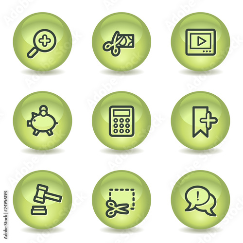 Shopping web icons set 3, green glossy circle buttons